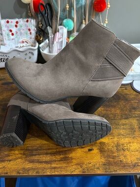 Classic Taupe Suede Ankle Booties with Stacked Heel